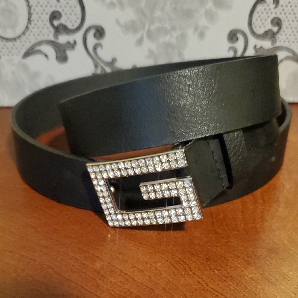 Guess XL Extra Large Genuine Leather Crystal G Black Belt with Rhinestone Buckle